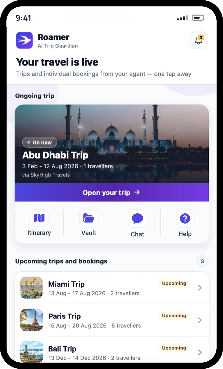 The Roamer home screen showing an ongoing trip and upcoming bookings