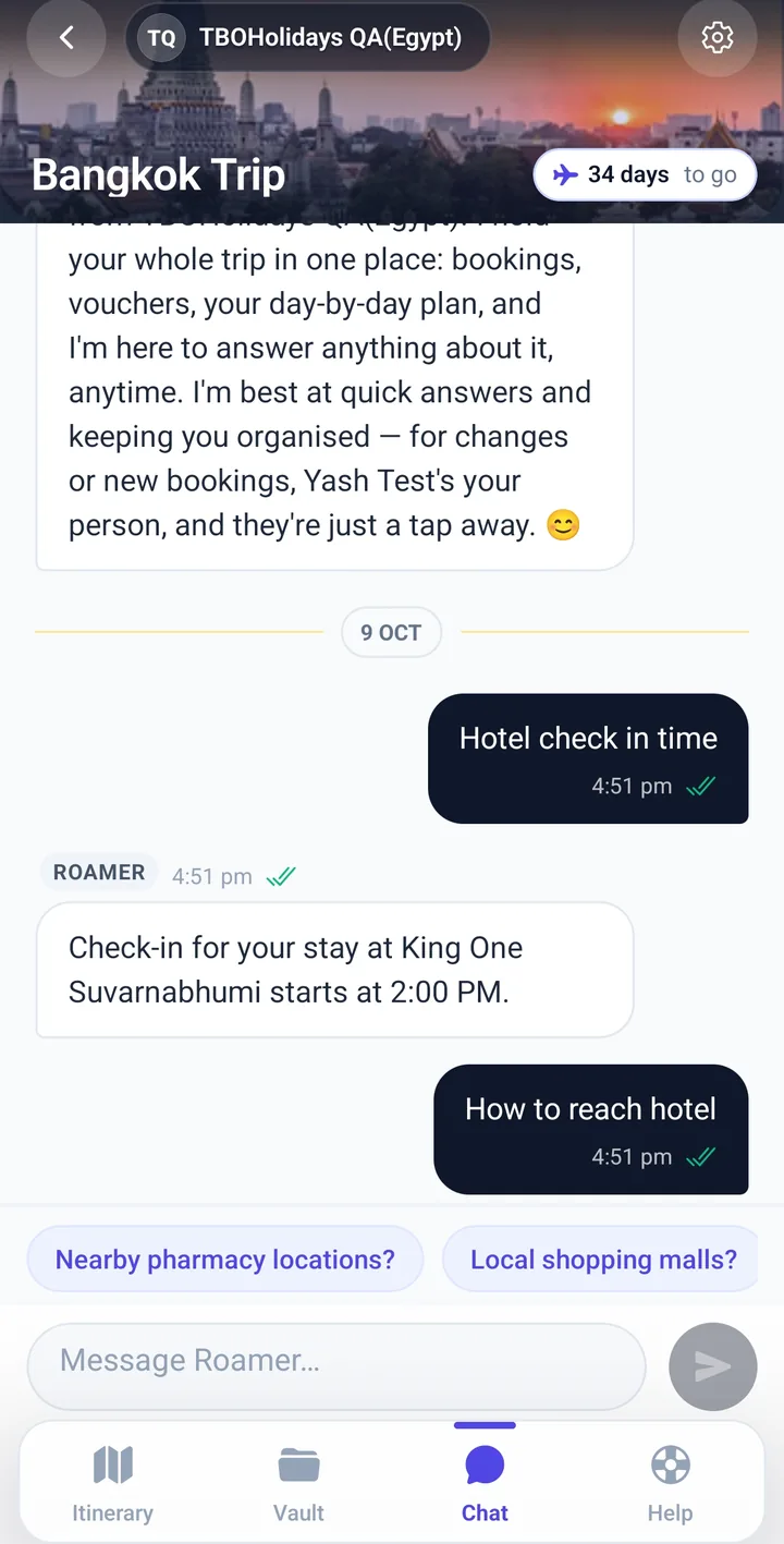 Roamer chat answering a question about the trip