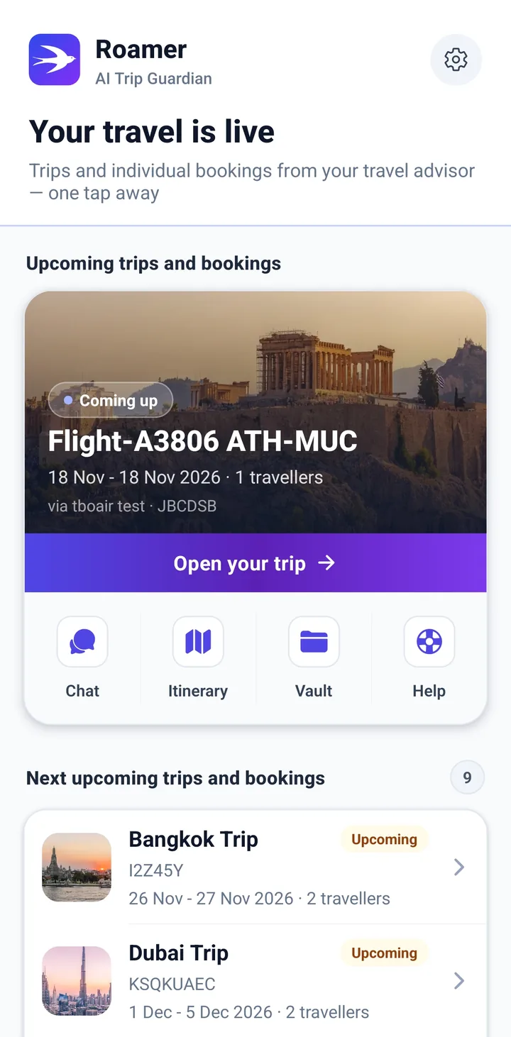 Roamer My Trips screen showing upcoming trips