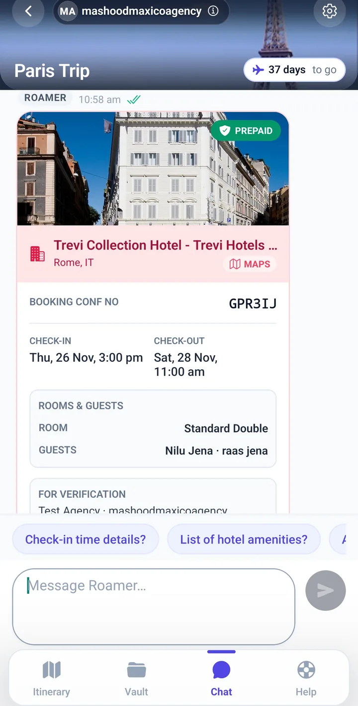 Roamer hotel voucher card shared by a travel advisor